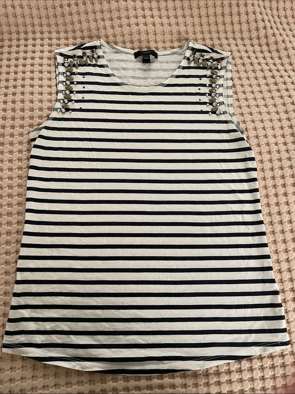 Beaded Shoulder Striped Tank Top - White/Navy